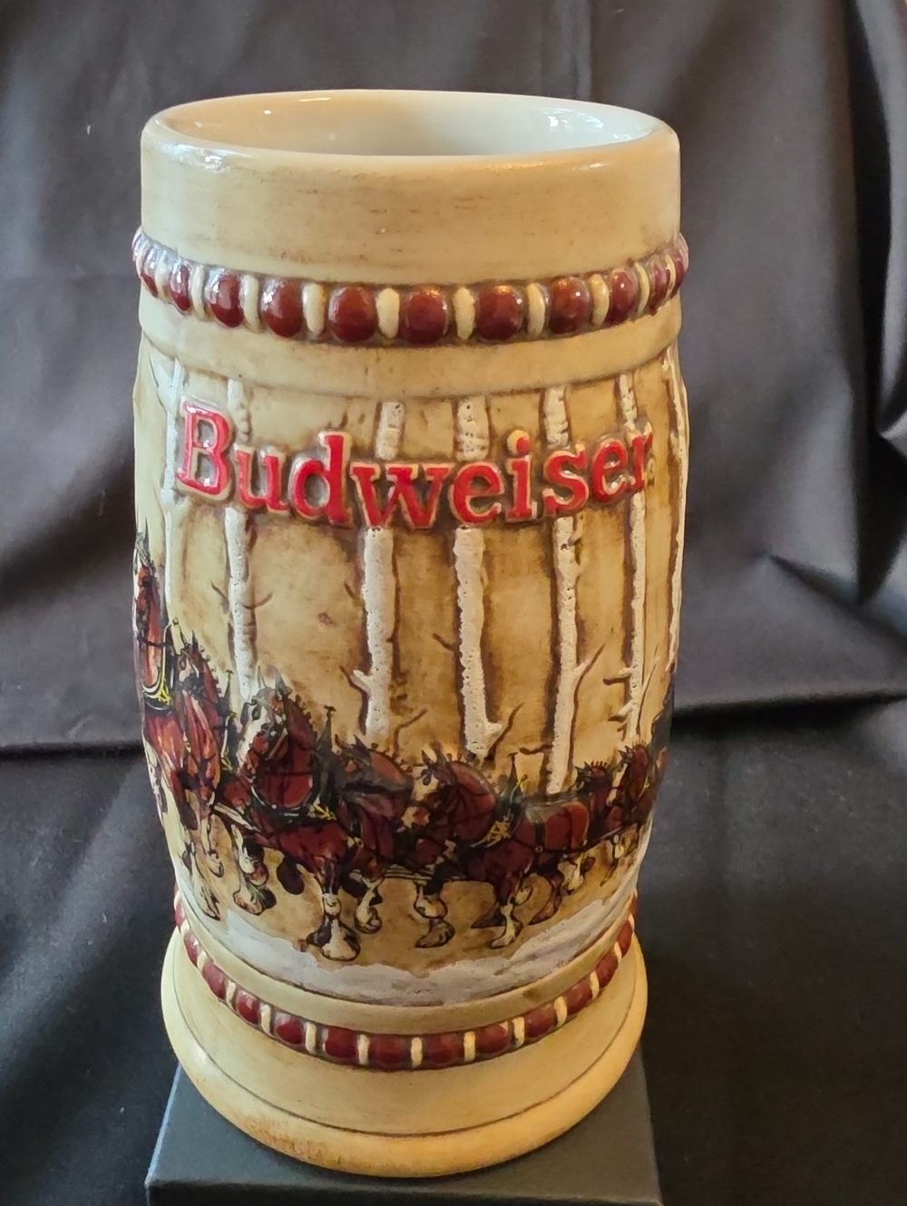 Ceramarte Budweiser Cream and Red Ceramic Holiday Stein with Horse Team Motif